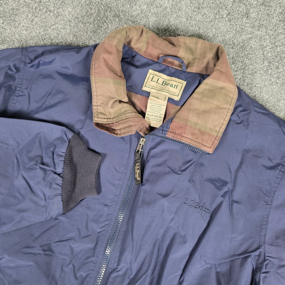 Vtg L.L. Bean Warm-Up Jacket Mens L Blue Plaid Collar Fleece Lined Bomber 500395